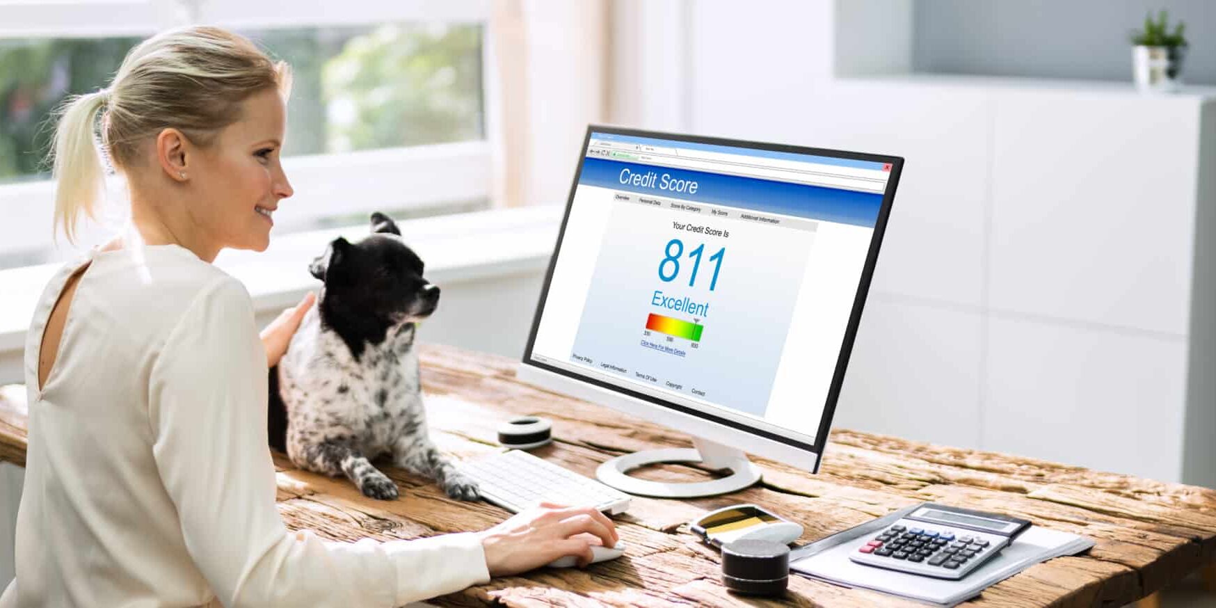 women with dog checking clearscore for creditscore