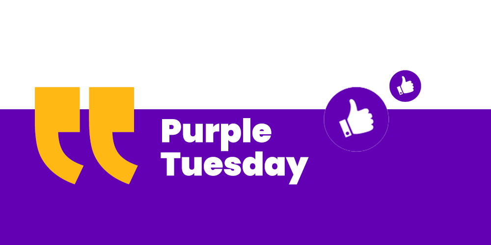 Half white and purple banner with white text that reads "Purple Tuesday"