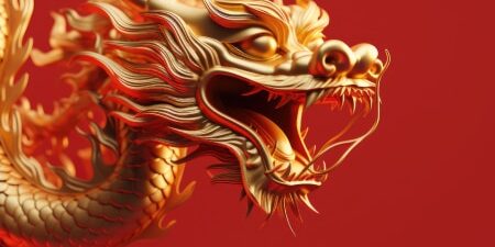 golden Chinese dragon on red background