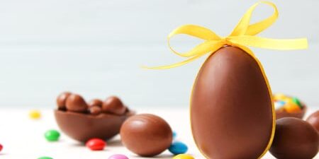 Plain milk chocolate easter eggs with yellow ribbon