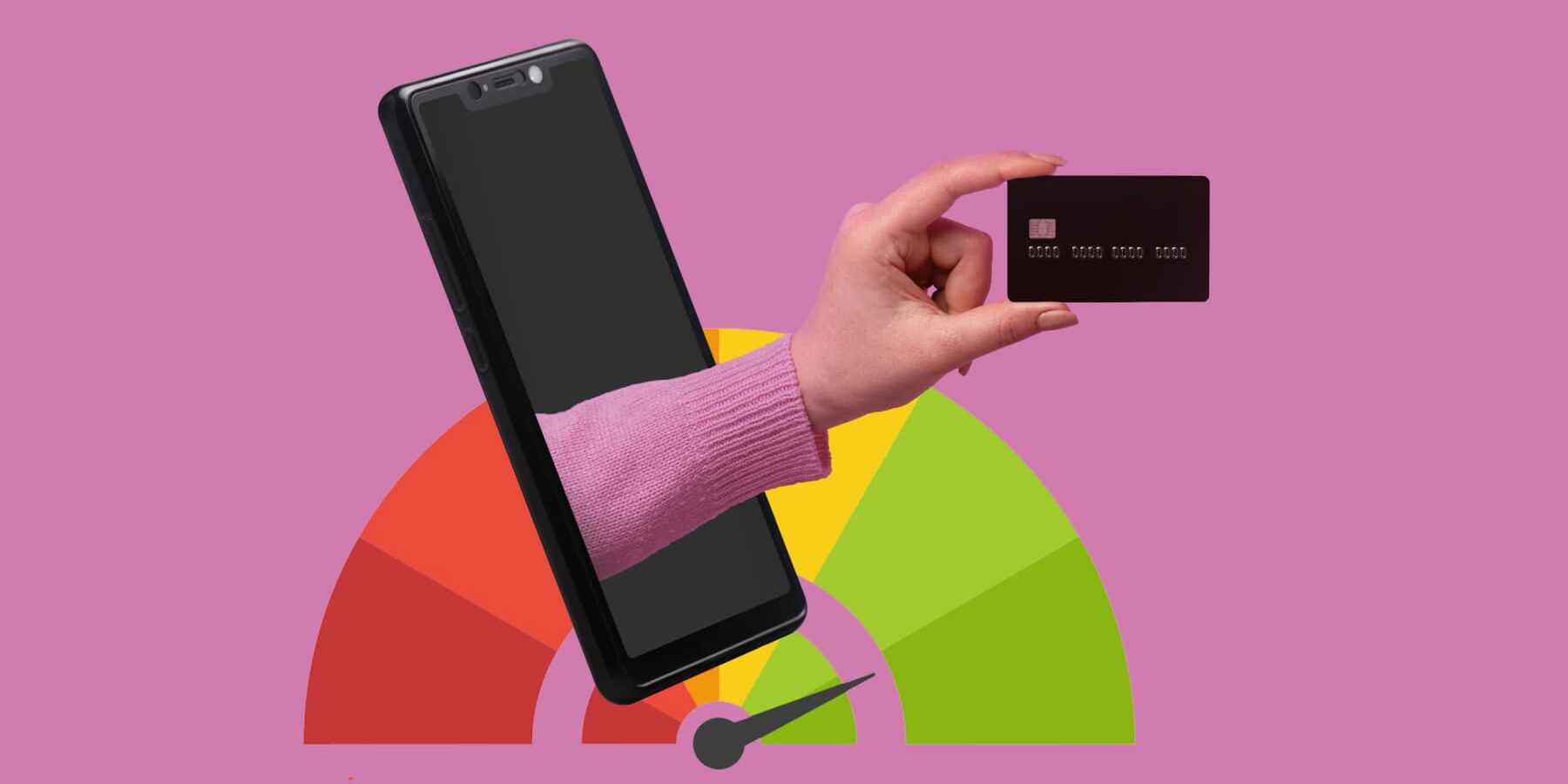 An image of a colourful credit score meter with an arm holding a credit card poking out of a mobile on a pink background.
