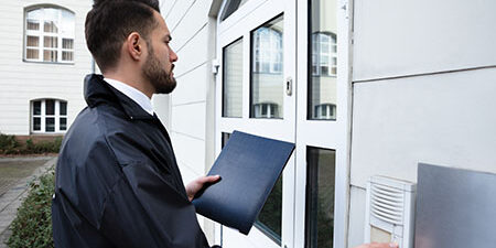 Man Pressing The Door Bell Man Standing At The Entrance Of The House Pressing The Door Bell