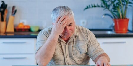 Image of a man with his head in his hands, sat at his table looking at a letter.