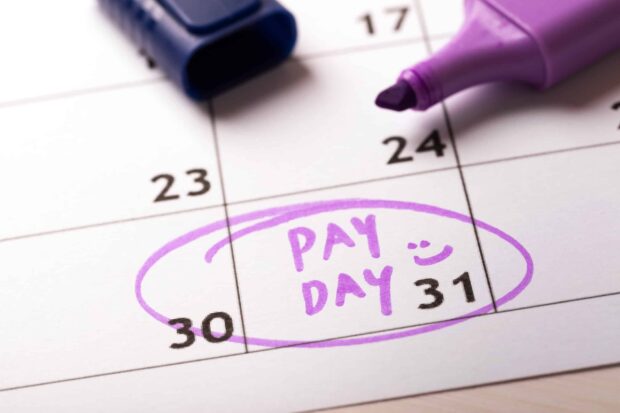 Calendar with "Pay Day" written on the 31st, highlighted in purple marker.