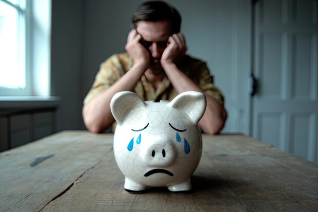 Man stressed about money looking over a sad piggybank