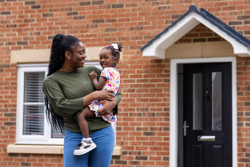 Mother and daughter outside home